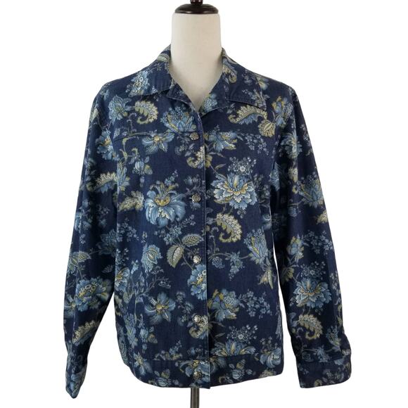La Chemise Blue Tan Yellow Floral Jeans Style Jacket Shacket Vintage USA Medium - Picture 1 of 5